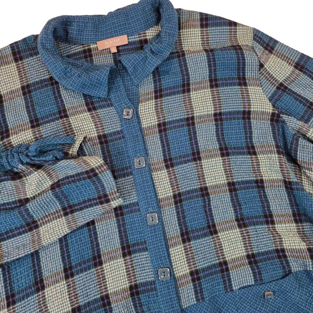 Habitat Women L Button Front Top Blue Plaid Flannel Ruched Sleeve Wire Collar